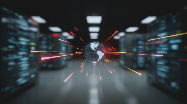 Global Network: Data streams converge on a central globe, symbolizing interconnectedness in a high-tech server room with blurred lights and depth of field.