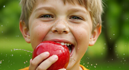 Happy boy biting juicy red apple close-up in garden for Apple Feast of the Savior, Apple Spas