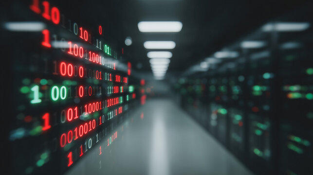 Digital Data Flow: A dynamic display of binary code, illuminating a server room aisle, represents the ever-flowing streams of information that drive the digital age.