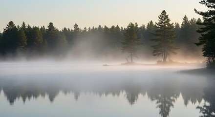 Fototapeta premium Early morning mist hangs over a serene lake with reflections of the trees and shoreline, creating a peaceful and calming nature scene with soft light.