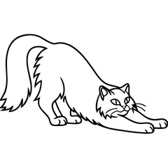 Norwegian forest cat stretching in monochrome line art illustration. Depicts feline stretching its body, featuring detailed fur and whiskers, while showcasing simple clean drawing style.