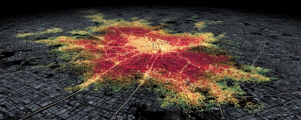 A vibrant heat map illustrating urban activity, showcasing densely populated areas in red, transitioning to cooler colors indicating less activity across the cityscape.