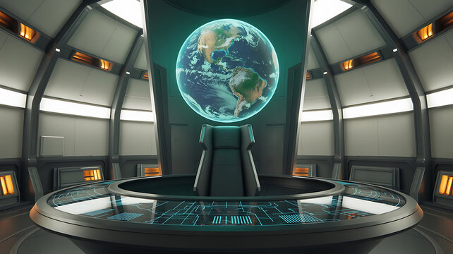 Futuristic command center with earth hologram spaceship interior - Powered by Adobe