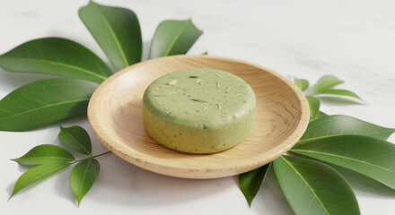 Collagen powder in bowl with COLLAGEN on plant leaf background for sports nutrition and natural health