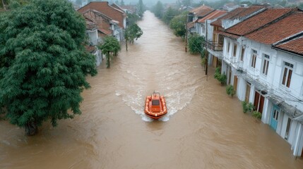 A vivid scene depicting a flooded street with a rescue boat navigating through the water, highlighting the impact of severe weather on urban areas and environmental challenges.