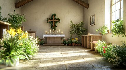 Small chapel, floral altar, sunlight streams in