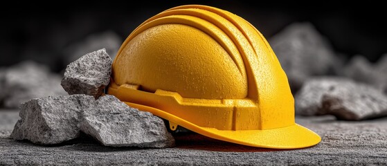 A yellow hard hat resting on a pile of gray rocks, symbolizing safety and construction in the industrial sector. Ideal for representing construction, safety, and workforce themes.