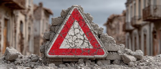 An abandoned street scene featuring a weathered warning sign amidst debris, highlighting the impact of urban decay and social issues in neglected areas of the city.