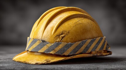 An aged yellow hard hat with a striped band, symbolizing safety and construction work. Perfect for themes around industry, labor, and workplace safety.