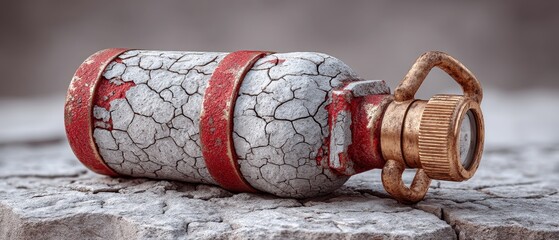 An aged and weathered fire extinguisher lies on a rustic surface, showcasing peeling paint and intricate textures, symbolizing safety equipment and industrial maintenance.