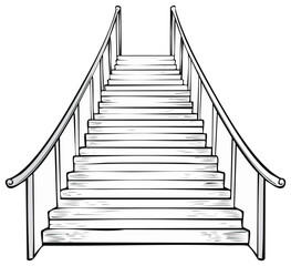 Illustration of a Long Staircase with Railing, Ascending Steps to the Top, White on Transparent
