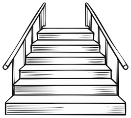 Fototapeta premium Illustration of simple straight stairs with handrails, black outlines and transparent background, ascending path design