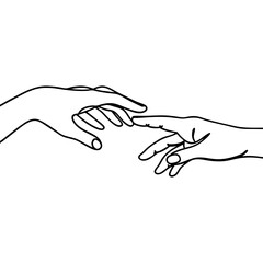 Fototapeta premium Two hands touching in minimal line drawing, simple hands depicted in sketch style, isolated on white background. Two hands touching is a representation of connection and support.