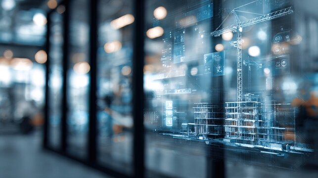 Digital screens showing smart construction technology interface, modern office background