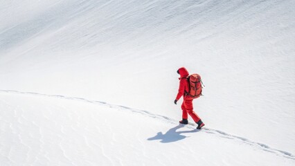 A lone adventurer in vibrant red traverses a vast snow covered landscape leaving a trail of footprints