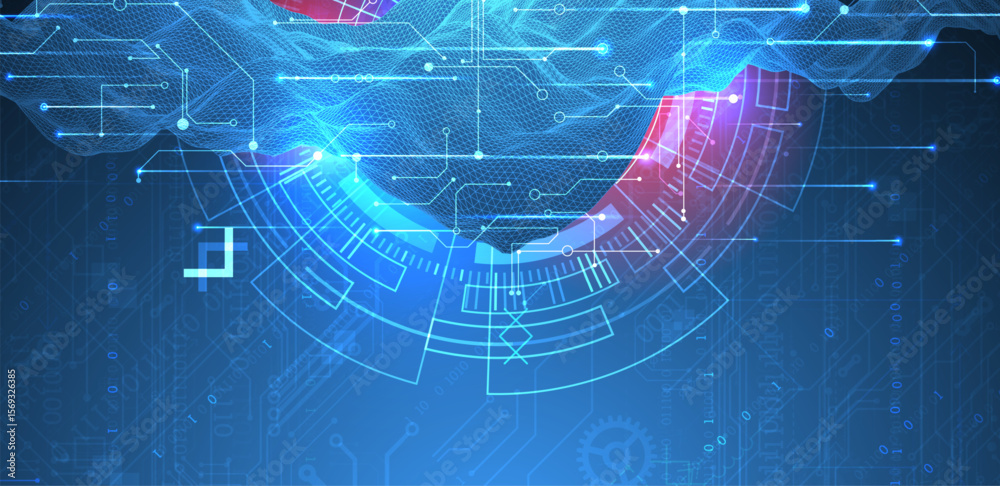 Poster Abstract data background with wireframe wave and circuit lines. Technology concept. Vector