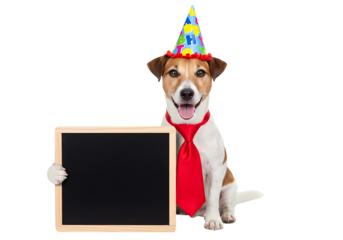 Party Pups Announcement A Festive Jack Russell with a Blank Slate isolated on transparent background