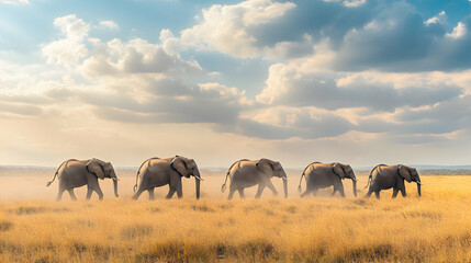 Naklejka premium Elephants Herd Walking Savannah Grassland Tanzania Safari Wildlife Animals Landscape Under Sky