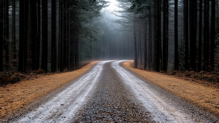 Winding dirt track through thick woodland veiled in heavy fog creates mysterious atmosphere
