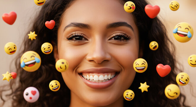 Happy Woman surrounded by Floating Emojis for World Emoji Day