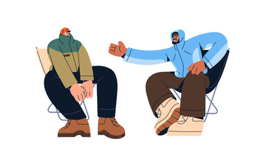 Tourists sit on chairs, talk near campfire in winter hiking. Hikers relax in camping, communicate together. People in outerwear stop in travel. Flat isolated vector illustration on white background
