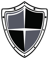 Shield graphic, a heraldic emblem with quartered design and stylized white border for gaming or security concepts.