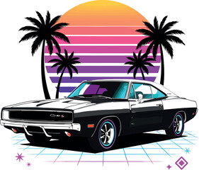 Classic Muscle Car on a Retro 80s Synthwave Background with Palm Trees and Sunset.