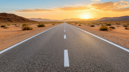 Naklejka premium Endless stretch of road through silent desert basin at sunset, evoking tranquility and adventure