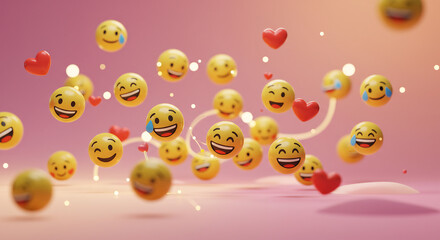 World Emoji Day Celebration: 3D Render of Floating Emojis and Hearts on Pink Background