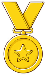 Cartoon Gold Medal with Ribbon and Star - Award for First Place, Achievement and Recognition