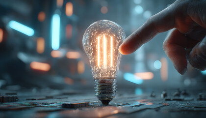 Hand touches lit lightbulb on table. Symbol of idea, innovation, artificial intelligence tech concept. Blurry lights background. Smart network, futuristic tech development, data analysis, solution.
