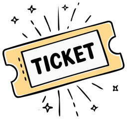 Cartoon illustration of a golden ticket on a black background with white sparkles, vector graphic resource