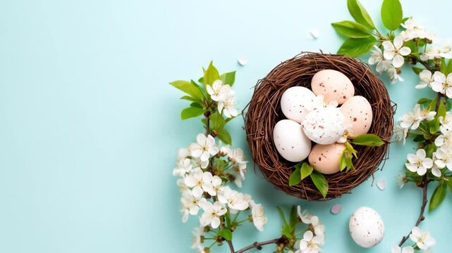 Easter eggs in a bird's nest with spring blossoms on a pastel blue background