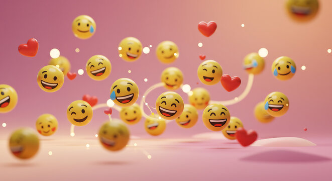 World Emoji Day Celebration: 3D Render of Floating Emojis and Hearts on Pink Background - Powered by Adobe