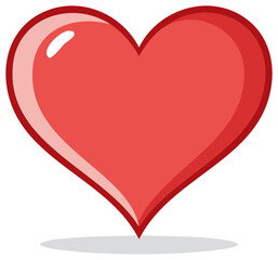 Bright red heart with glossy highlights, symbolizing love and affection, with a soft shadow on a transparent background.
