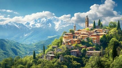 Italian Village Scenic Landscape with Mountain Backdrop and Traditional Architecture of Stone Houses with Red Tile Roofs and Towering Church on a Hillside on a Clear Day with Blue Skies