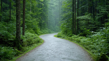 Fototapeta premium Serene path winds through lush forest, surrounded by vibrant greenery and mist