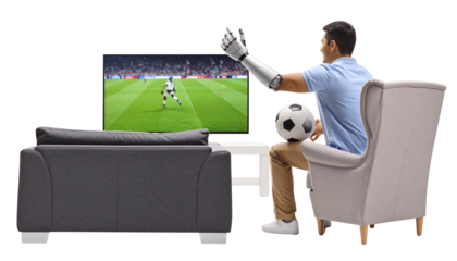 Man watching football on TV with his robot handing isolated on transparent background.