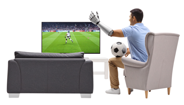 Man watching football on TV with his robot handing isolated on transparent background. 
 - Powered by Adobe