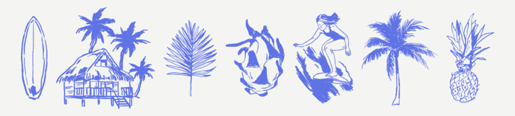 Tropical hand drawn chalk sketch set with tiki hut, palm leaf doodle, surfer girl, surfboard illustration. Rough blue crayon sign element for travel posters, beach graphics, summer prints. © Alena creator