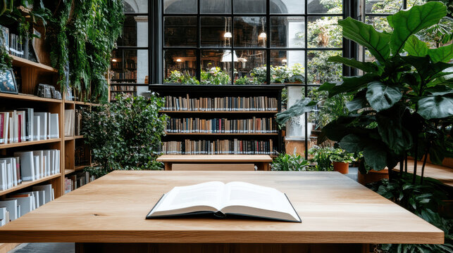 Serene library scene featuring wooden table with open book, surrounded by lush greenery - Powered by Adobe
