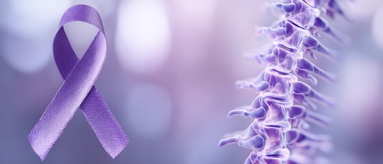 Spina Bifida Awareness close up of purple awareness ribbon focus on copy space gentle supportive tones Double exposure silhouette with spinal cord diagram