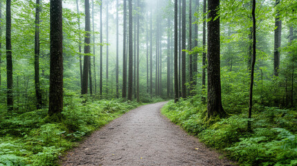 Fototapeta premium Mysterious path winding through dense forest, surrounded by tall trees and lush greenery