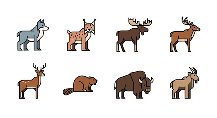 Vector illustration of north american wildlife animals including wolf lynx moose deer beaver bison and goat icons