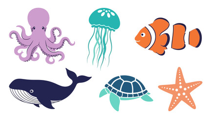 Vector ocean animals illustration featuring octopus, jellyfish, clownfish, whale, turtle and starfish drawing