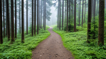 Fototapeta premium Winding forest trail surrounded by tall pine trees and lush greenery creates serene atmosphere