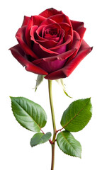 Elegant Dark Red Rose with Stem and Leaves on transparent background