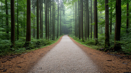 Naklejka premium Serene path winding through misty forest, surrounded by tall trees and lush greenery