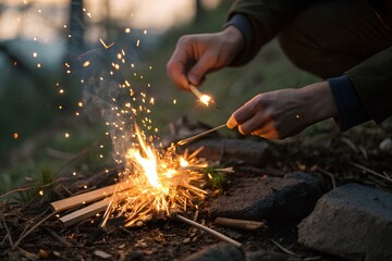 Hands lighting campfire with matchstick on forest floor — capturing survival instinct, preparation, and primal connection with natural elements