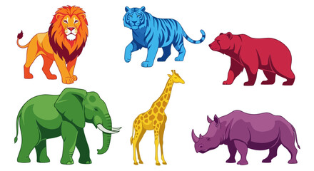 Vector colorful animals illustration featuring lion tiger bear elephant giraffe and rhinoceros vector artwork drawing